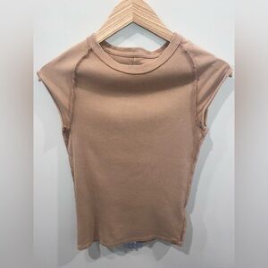 Free People Beige Ribbed Knit Cap Sleeve Crew Neck T-Shirt Size Small